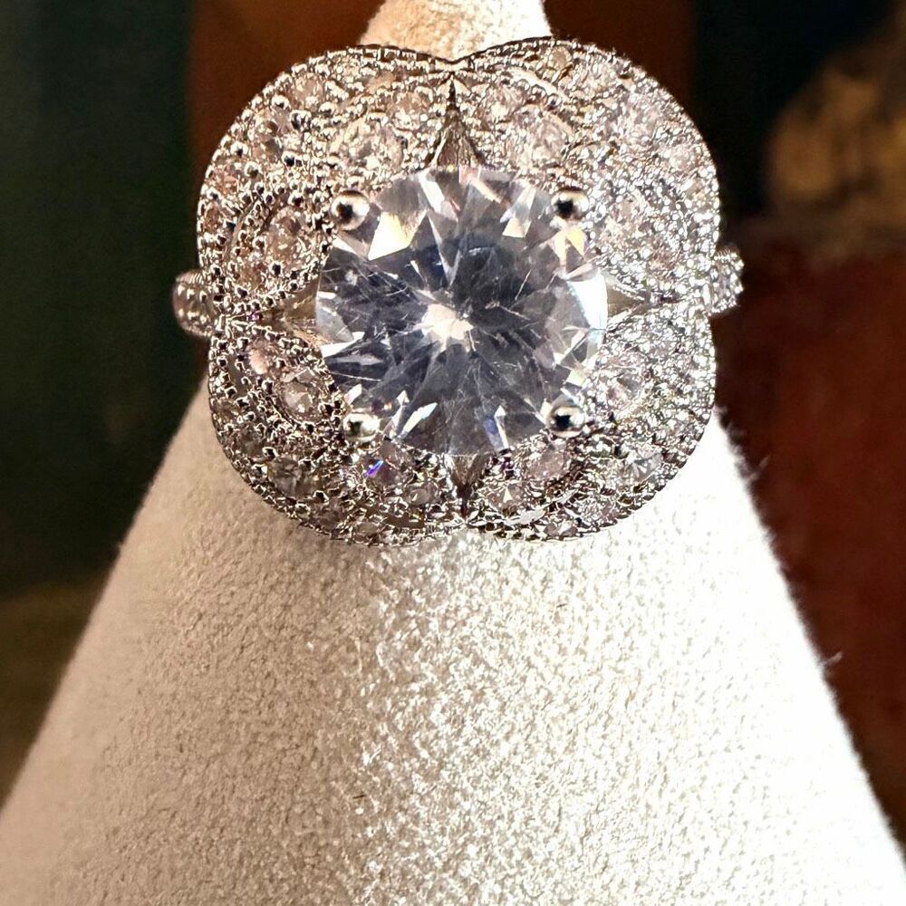 Silver-Tone Cubic Zirconia Halo Ring